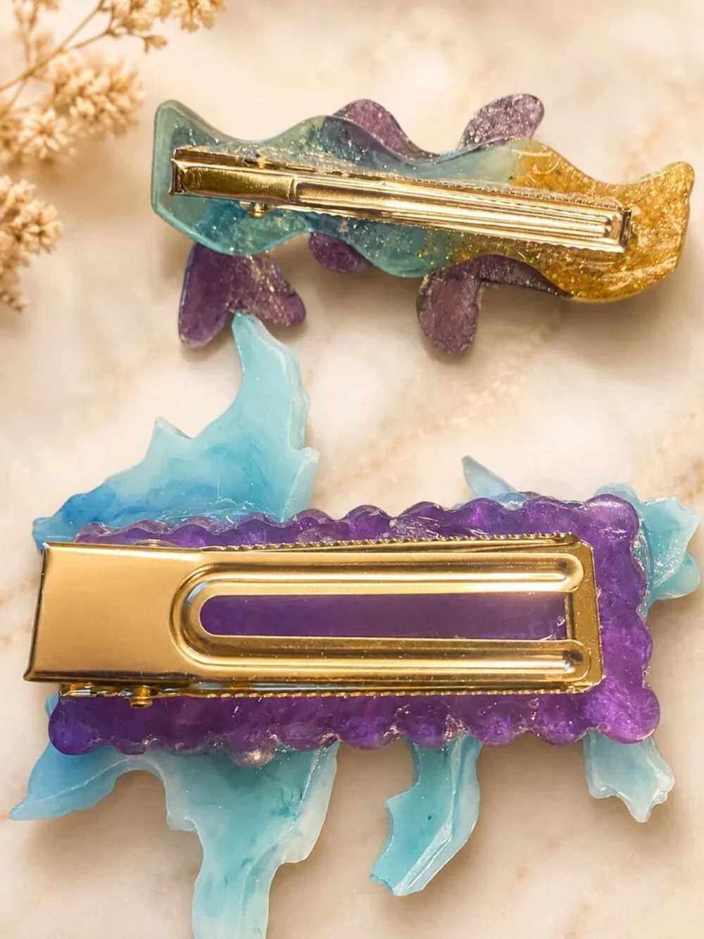 Handmade Resin Betta Koi Fish Hair Clips Trio, Sea Green Blue Purple Accents